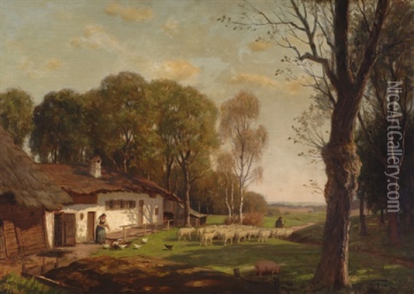 Landscape With Farm Oil Painting - Theodor Graetz