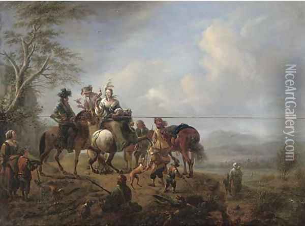 A landscape with a hawking party at rest on a track Oil Painting - Carel van Falens or Valens