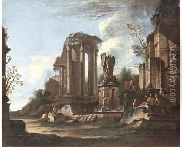 A capriccio with the Temple of the Sibyl at Tivoli and classical ruins Oil Painting - Giovanni Ghisolfi