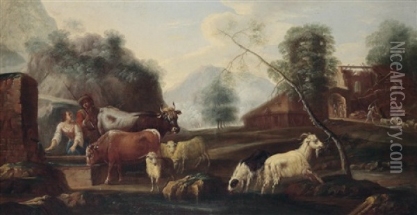 Sudliche Gebirgslandschaft Und Hirtenstaffage (+ Another, Similar; Pair Of Overdoor Paintings) Oil Painting - Domenico Brandi
