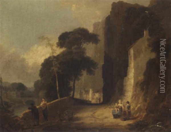 Figures On A Riverside Path In A Gorge Oil Painting - Robert Edmonstone