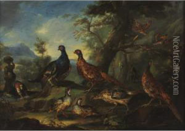 Game Birds In A Landscape With Washerwomen Beyond Oil Painting - Il Crivellino Giovanni Crivelli