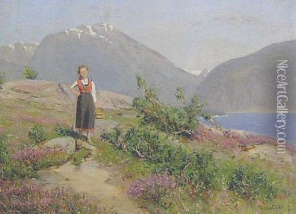 Young Girl By A Fjord Oil Painting - Hans Dahl
