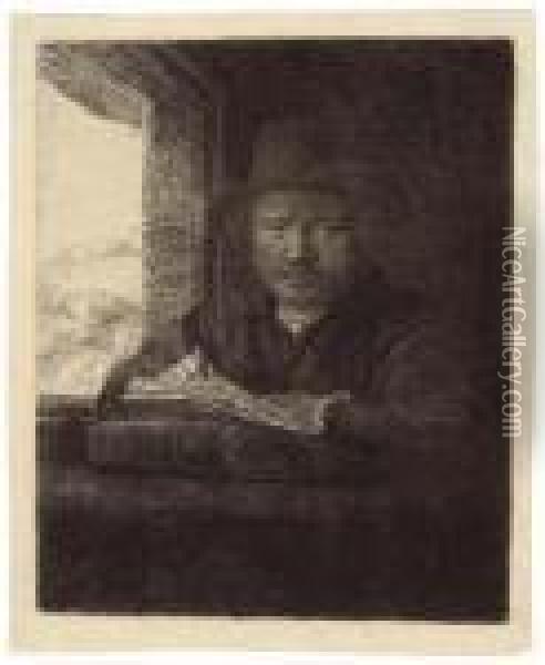 Self-portrait Drawing At A Window Oil Painting - Rembrandt Van Rijn