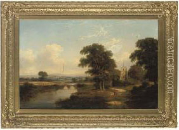 Attributed To Walter Heath Williams 
 A River Landscape With Children Gathering Faggots, With A Church And Harvesters Beyond Oil Painting - Walter Williams