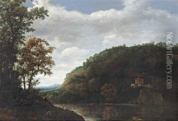 A Mountainous River Landscape With A Shepherd In The Left Foreground And A Temple On The Opposite River Bank Oil Painting - Cornelis Hendriksz Vroom