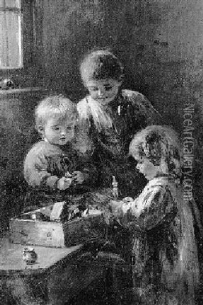 Drei Spielende Kinder In Der Stube Oil Painting - Pietronella Peters