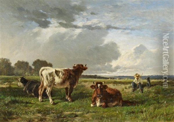 Weidelandschaft Mit Hirten Und Vieh Bei Aufziehendem Gewitter Oil Painting - Felix Saturnin Brissot de Warville