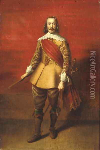 Portrait of a Nobleman, full-length, in a gold embroidered yellow costume with lace cuffs and collar and a red sash Oil Painting - Sir Anthony Van Dyck