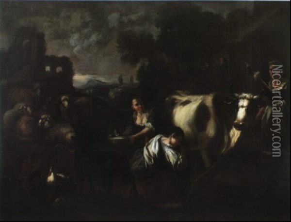 Scene Pastorale Dans La Campagne Italienne Oil Painting - Domenico Brandi