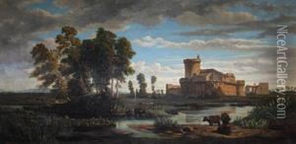 Palude Con Bufale E La Veduta Del Castello Di Ostia Antica Oil Painting - Giuseppe Raggio