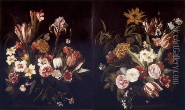 Bouquets Of Flowers In Glass Vases: A Pair Of Paintings Oil Painting - Jan Philip van Thielen