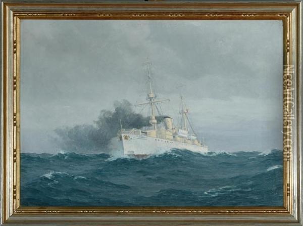 A Marine With A Warship Oil Painting - Christian Benjamin Olsen
