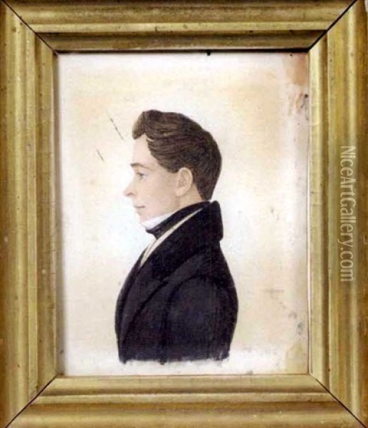 Profile Portrait Of Brown-haired Gentleman In Black Jacket And Cravat Oil Painting - Rufus Porter