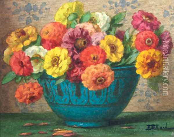 Zinnia's in a vase; Roses in a white vase Oil Painting - Ernest Filliard