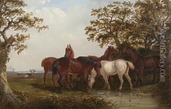 Horses Beneath Old Oaks With Meadows Beyond Oil Painting - Thomas Smythe