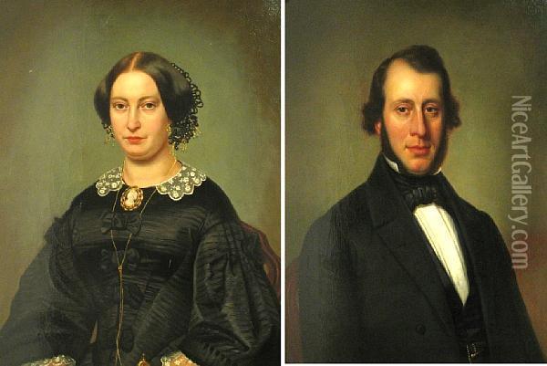 A Portrait Of A Gentleman; Also A Companion Portrait Of His Wife Oil Painting - Barend Leonardus Hendriks