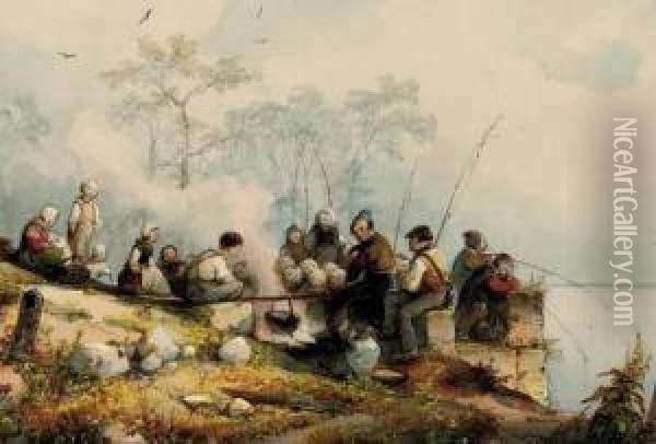 The Fishing Party Oil Painting - Caspar Johann Nepomuk Scheuren