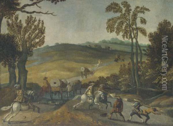 A Wooded Landscape With Bandits Ambushing Travellers Oil Painting - Sebastien Vrancx