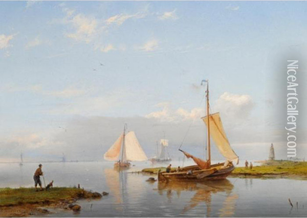 A River Landscape With Sailing Vessels Oil Painting - Hermanus Koekkoek