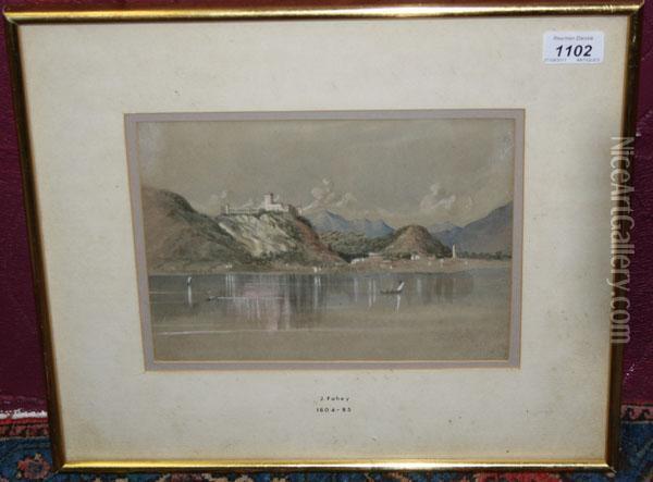 Lake View With Hilltop Castle Beyond Oil Painting - James Fahey