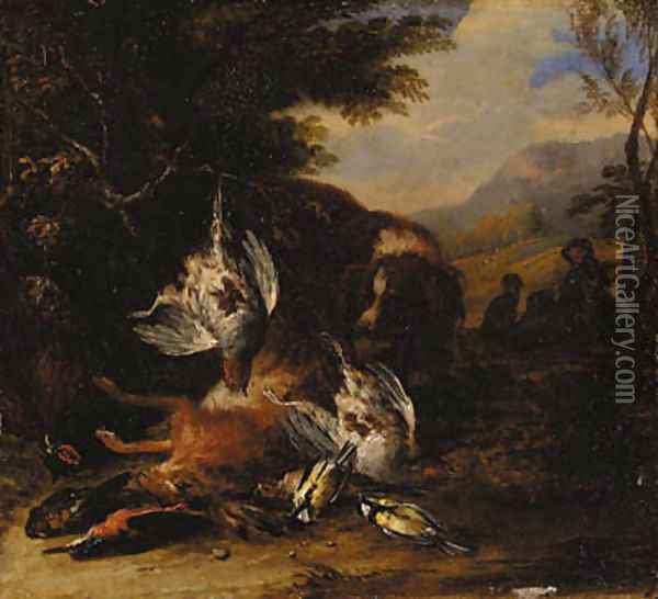 A dead hare, a brace of partridge, a kingfisher, a chaffinch, a thrush and a cock pheasant with a spaniel, a hunter with another dog beyond, in a wood Oil Painting - Adriaen de Gryef