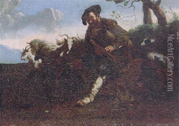 A Shepherd Piping To His Livestock In A Landscape Oil Painting - Jan Miel