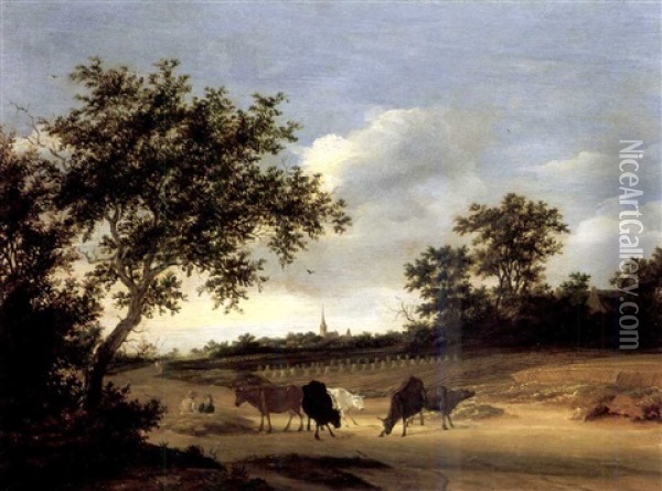 A Wooded Landscape With Cattle Grazing On A Path, A Church Spire Beyond Oil Painting - Jacob Salomonsz van Ruysdael