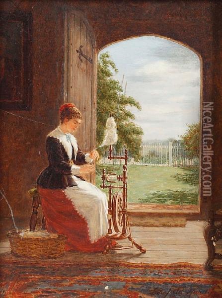 Young Woman Seated At A Spinning Wheel In An Interior, Before An Open Door Oil Painting - Dorofield Hardy