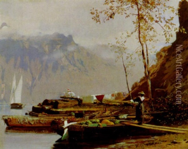 Paysage Au Bord Du Lac Oil Painting - Edouard (John) Menta