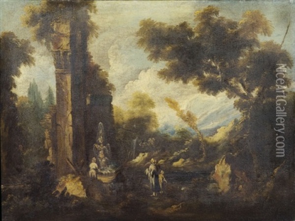 Landschaft Mit Ruinen Und Figuren Um Einen Brunnen Oil Painting - Antonio Francesco Peruzzini