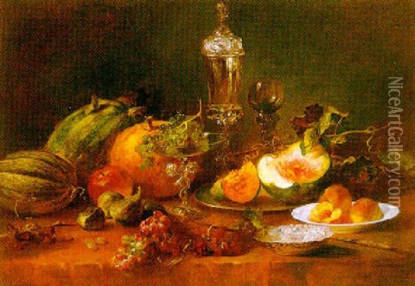 Stilleben Mit Melonen Und Pfirsichen Oil Painting - Ludwig Adam Kunz