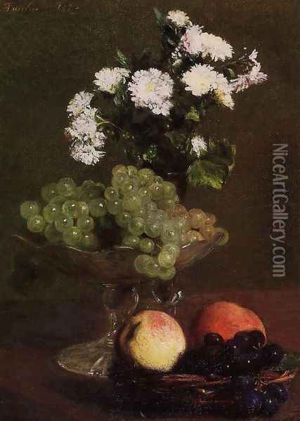 Still Life: Chrysanthemums and Grapes Oil Painting - Ignace Henri Jean Fantin-Latour