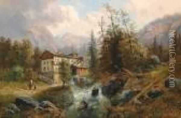 Gebirgige Landschaft Mit Bauernhaus Am Wildbach Oil Painting - Gustav Barbarini