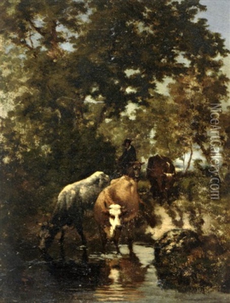 Vaches A La Mare Et Berger Oil Painting - Louis Coignard