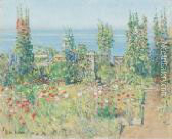 Hollyhocks, Isle Of Shoals Oil Painting - Frederick Childe Hassam