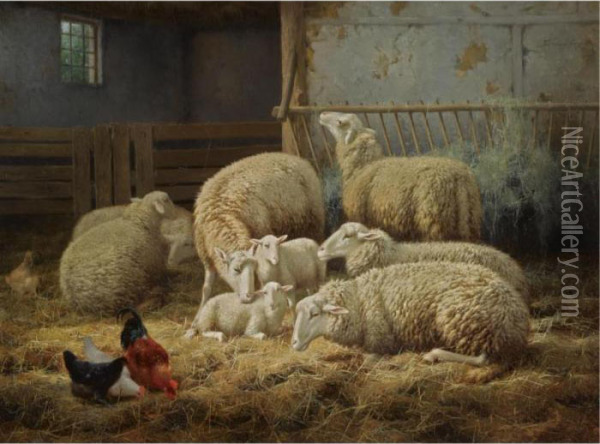 Sheep And Chickens In A Barn Oil Painting - Eugene Remy Maes