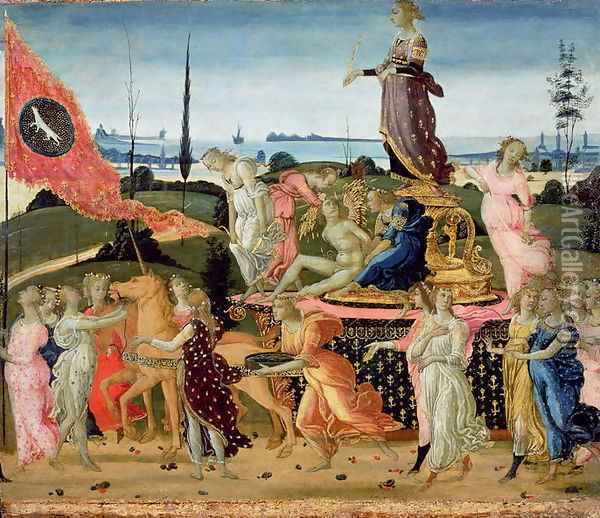 Triumph of Chastity, inspired by Triumphs by Petrarch 1304-74 Oil Painting - Jacopo Del Sellaio