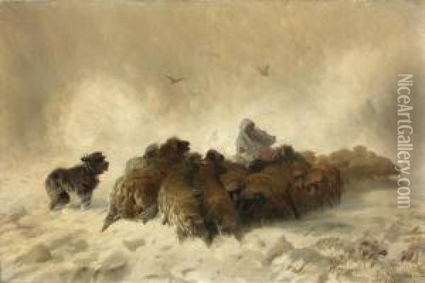 Le Troupeau De Moutons Dans La Tempete Oil Painting - August Friedrich Schenck