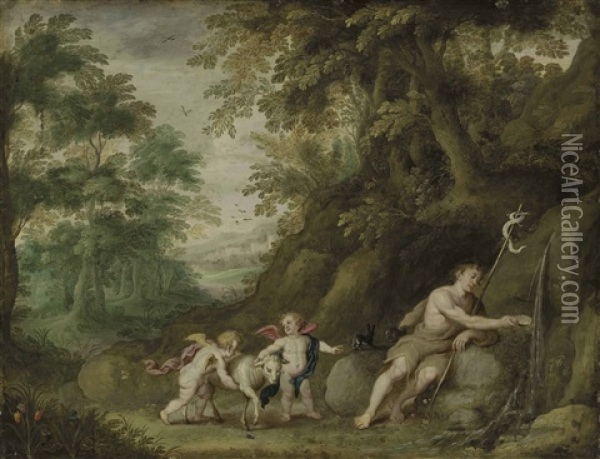 Saint John The Baptist With Two Putti And A Lamb In A Rocky Landscape Oil Painting - Hendrik van Balen the Elder