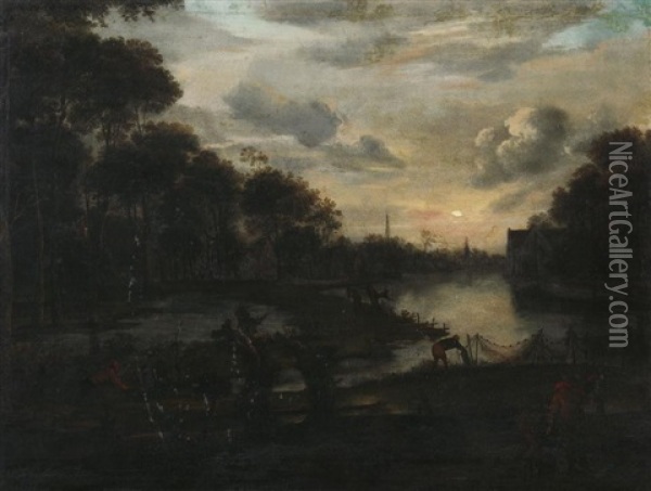Nachtliche Fluslandschaft Mit Fischern Oil Painting - Aert van der Neer