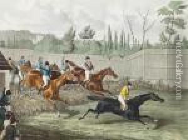 The Last Grand Steeple Chase Which Took Place At The Hippodrome Race Course, Kensington Oil Painting - Charles Hunt