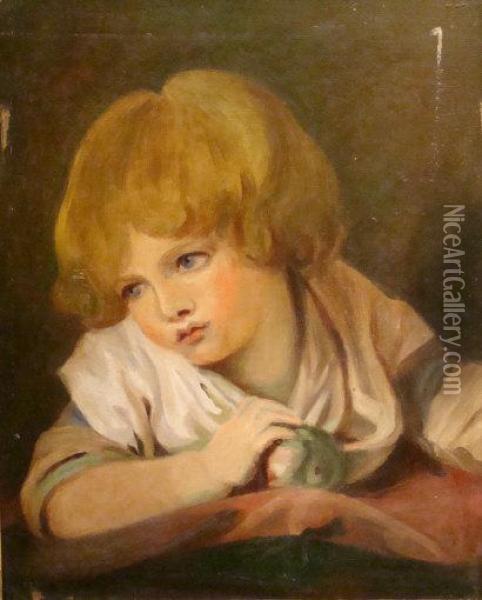 A Young Child Holding An Apple Oil Painting - Jean Baptiste Greuze