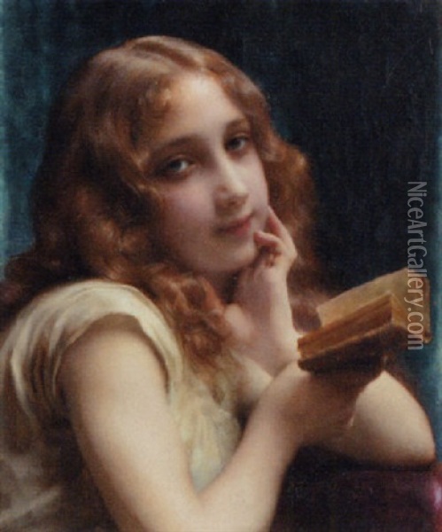 A Young Girl Reading Oil Painting - Etienne Adolph Piot