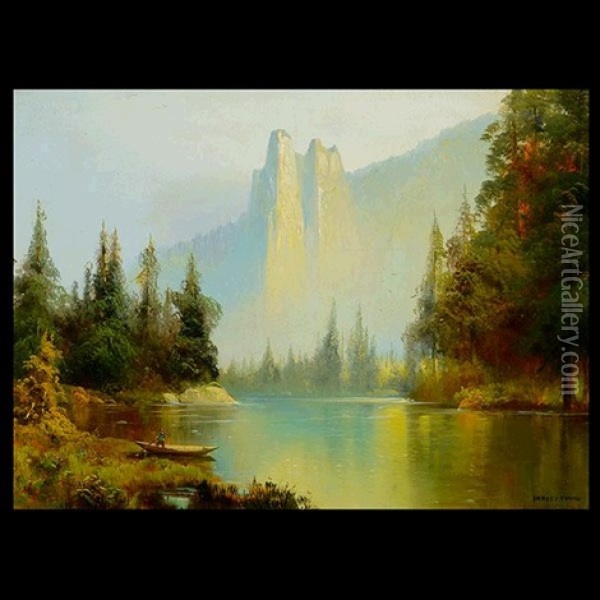 Sentinel Rock From The Merced River, Yosemite Valley Oil Painting - Harvey Otis Young