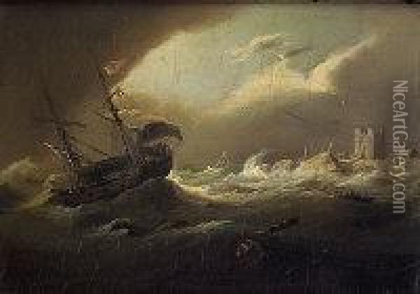 Shipping In Stormy Seas Off The Coast Oil Painting - William II Sadler