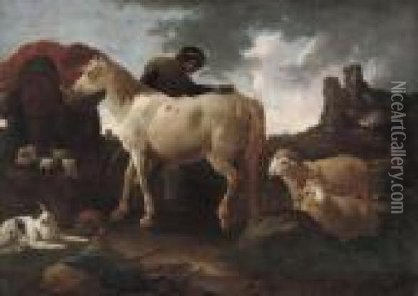 A Peasent Attending A Horse In An Italianate Landscape Oil Painting - Philipp Peter Roos