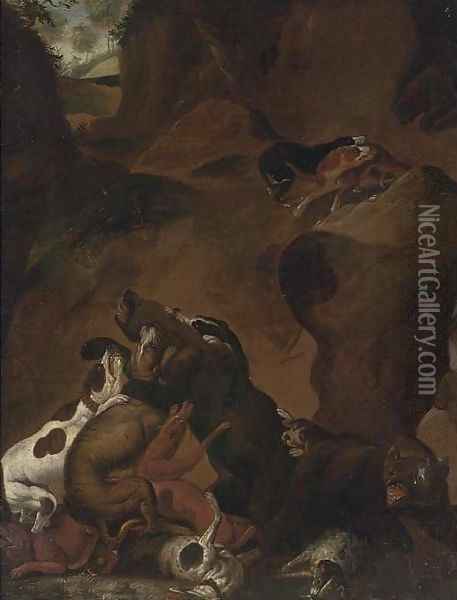 A mountain track with dogs attacking bears Oil Painting - Carl Borromaus Andreas Ruthart