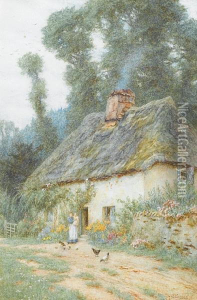 A Mother And Child Outside A Thatchedcottage Oil Painting - Helen Mary Elizabeth Allingham