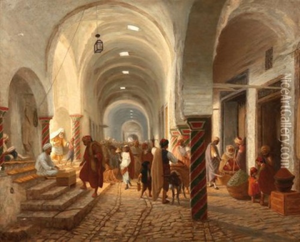 Rue Animee De La Medina A Tunis Oil Painting - Carl Libert August Lentz